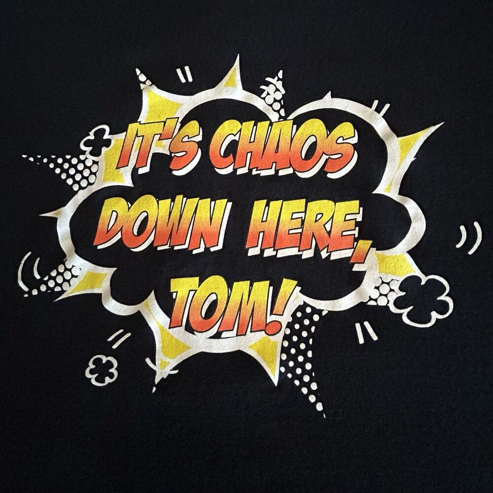 True Crime Obsessed Men's Graphic Cotton T-Shirt XL 'It's Chaos Down Here, Tom!’